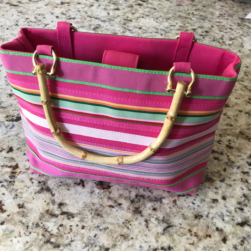 NWOT Tianni Striped Beach Canvas Purse Bag Bamboo Handles Gold Toned Hardware